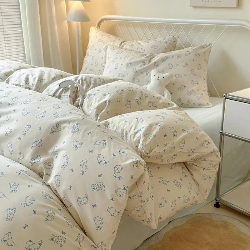 Queen Bedding Set Reactive Printed Bed Sheet Sets Washed Polyester Soft Duvet Cover Bed Sheet Pillowcase Cartoon Bedding Bed Set