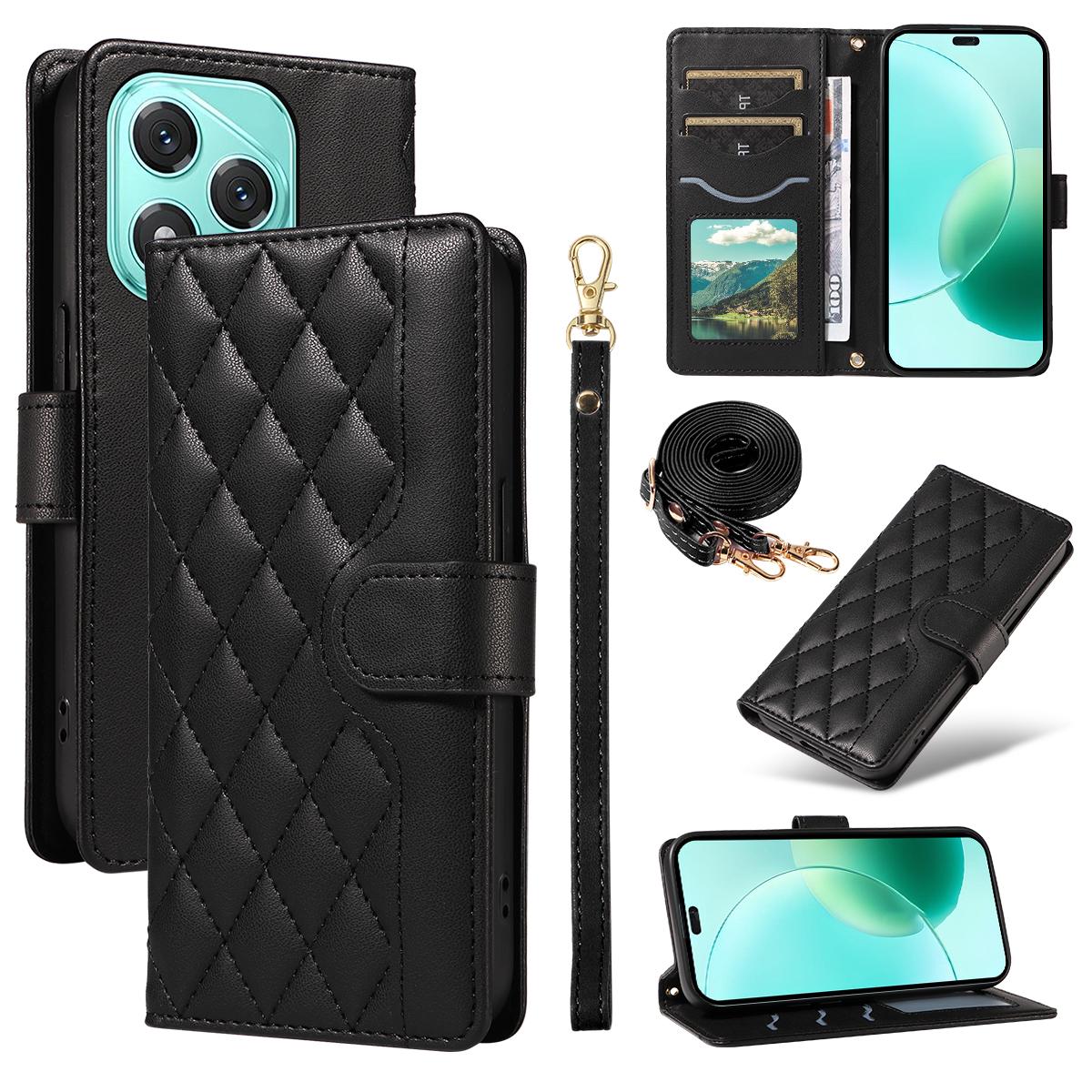 

For Honor 400 Lite Wallet Case Rhombus Leather Phone Cover with Strap Black