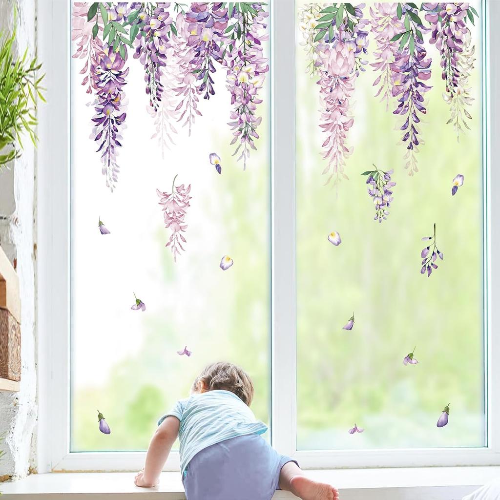wondever Summer Purple Flower Window Clings Hanging Vine Wisteria Floral Leaf Glass Sticker Decal Anti Collision Double-Side Static Window Decals for