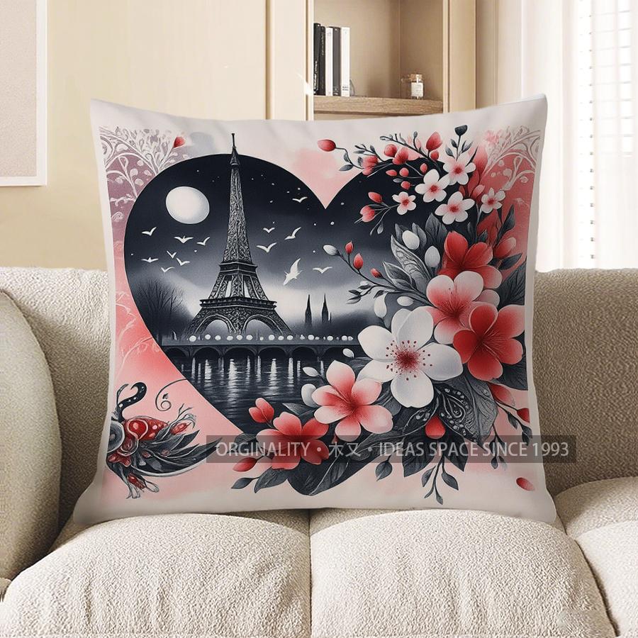 Home Decor Floral Heart With Eiffel Tower Throw Pillow Pattern Cushion Cover Suitable For Sofa Bedroom Car Pillow Cover