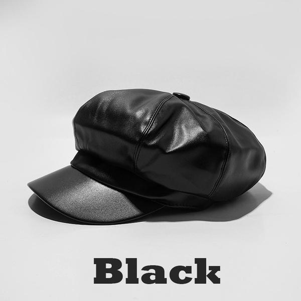 Osmihranný baret z PU kůže Podzim Zima Dámský Jednobarevný Barety Baseballová čepice Dámský Vysoce kvalitní Newsboy Cabbie Beanie