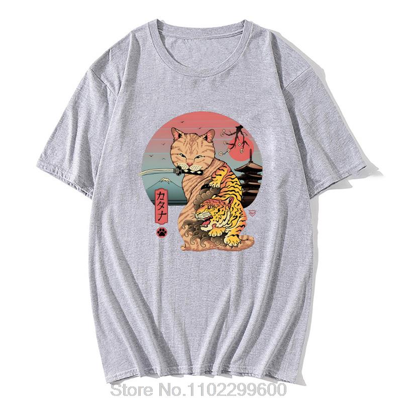 Cat Catana Japanese Men T Shirt Streetwear Retro Tshirt Summer Tees Men Women Ukiyo E Style Print Tshirt Unisex ONeck Tops