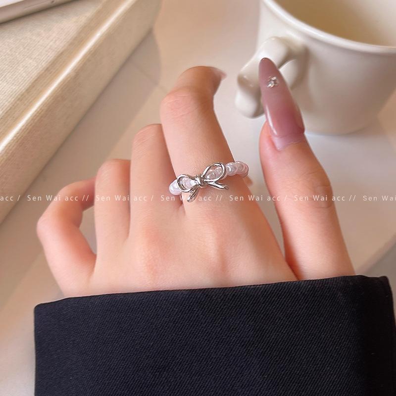 Bow pearl beaded ring women's Korean ins niche design index finger ring high-end ring jewelry
