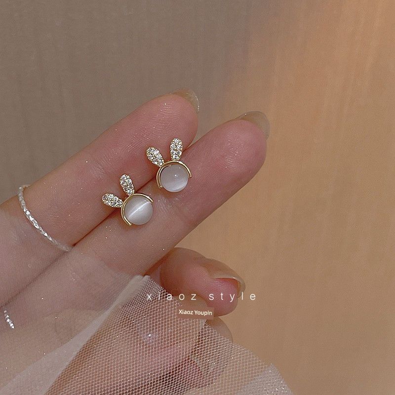 Opal Rabbit Crystal Cherry Sterling Silver Needle Earrings Small Exquisite Temperament Fashion Stud Earrings Women Sweet Ear Rings