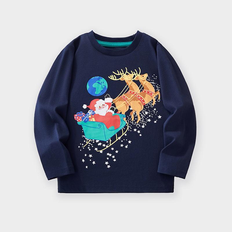 Children's Christmas Printed Pullover T-shirt Boys Cute Long Sleeved Soft Comfortable Top