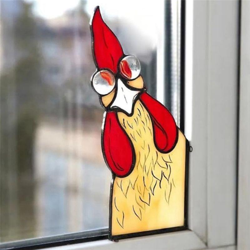 Funny Window Corner Decor - Peeping Rooster, Funny Rooster Stained Bird Window Corner Decor, Rooster Yard Decor