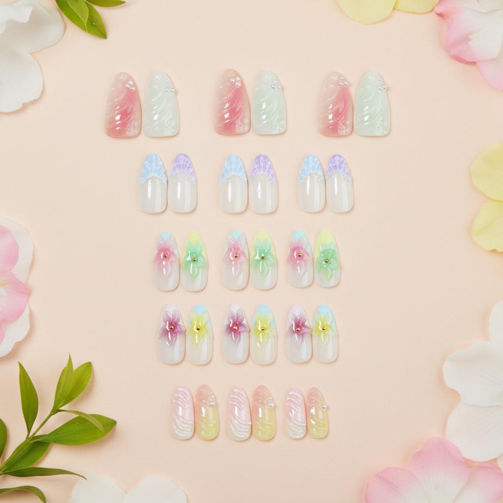 30Pcs False Nails Hand-Painted Floral Almond Artistic Design for Weddings Parties Everyday Use