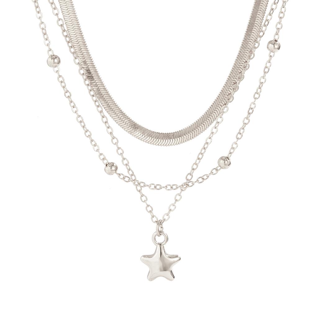 KunJoe 3pcs/set Punk Silver Color Copper Bead Flat Snake Chain Necklace for Women Vintage Star Pendant Necklace Set