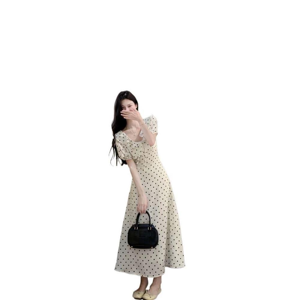 South Korea Dongdaemun Summer New Sweet Temperament Ruffle Edge Bubble Sleeve Polka Dot Dress Women's Long Dress Tide