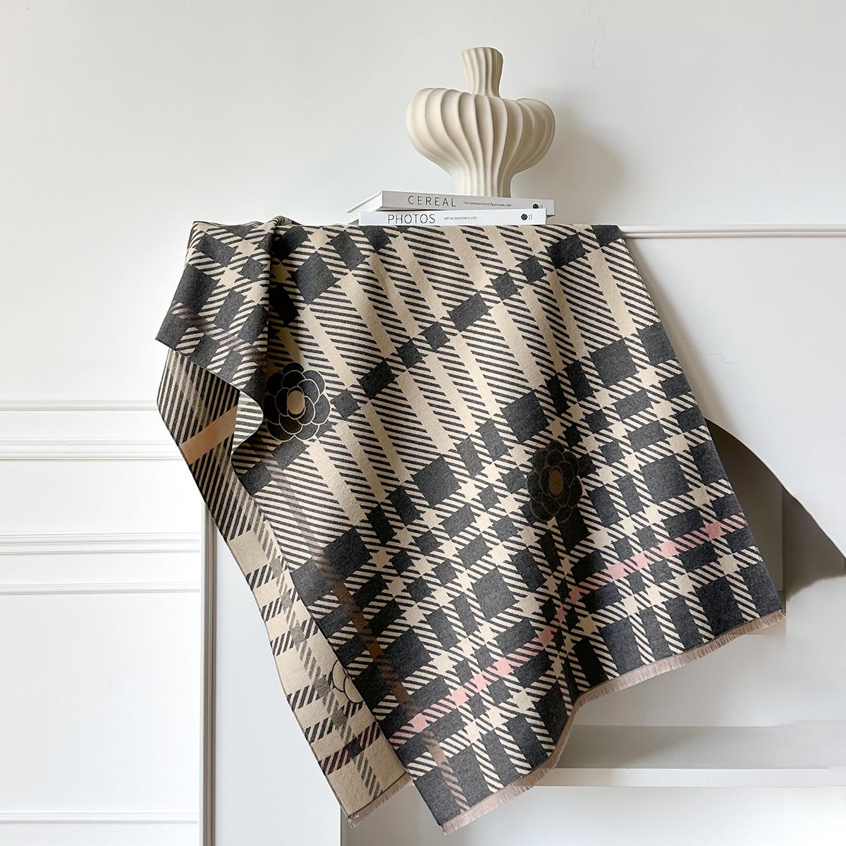 

Имитация кашемирового шарфа с бахромой, универсальный шарф с принтом «камелия в клетку», утолщенная теплая верхняя шаль с бахромой 185x65cm серый