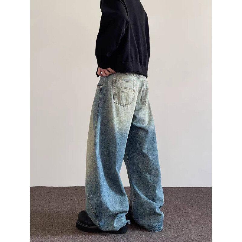 New men's jeans American retro scimitar pants loose wide-leg washed trousers personalized folds old pants