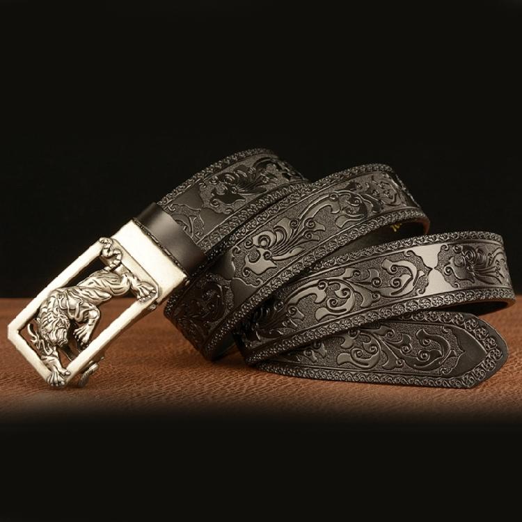 Classical Men Leather Belt with Convenient Automatic Buckle and Carved Beast Buckle Chinese Beast Head