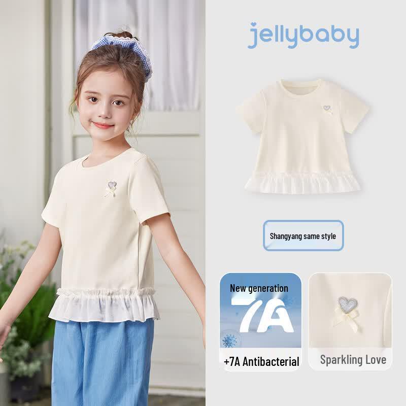 JELLYBABY Girls 7A Antibacterial Bowknot Short Sleeve T-shirt 140
