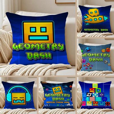 G-Geometry Dash Game Cushion Cover Silky Short Plush Sofa Pillow Cover Hidden Zipper Soft Dustproof Case for Home Decor