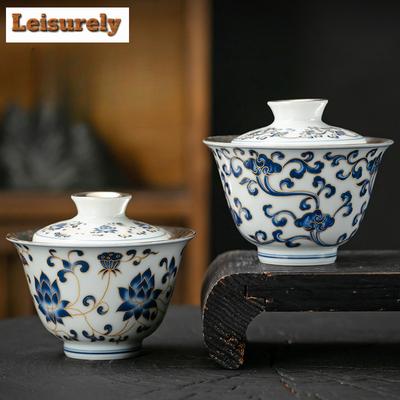 160 ml handgefertigter vergoldeter silberner Gaiwan aus Jingdezhen blau-weißem Porzellan, Teeterrine, Teebereiter, Deckelschale, Teegeschirr-Kollektion, Geschenk