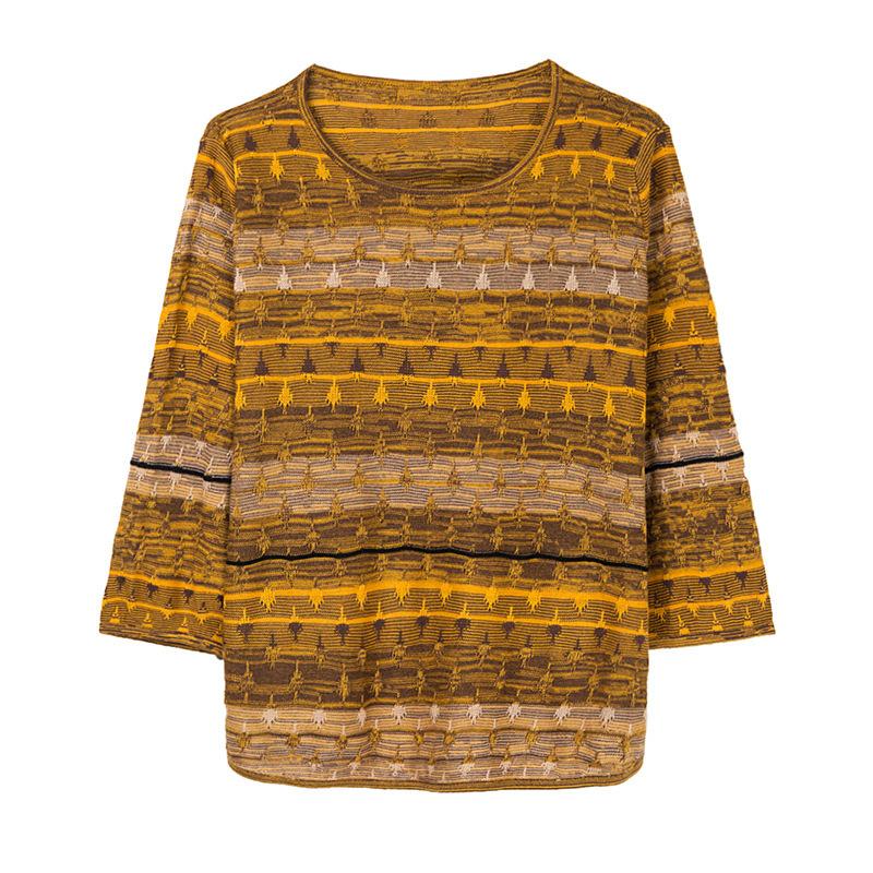 Spring and Summer Fashion Mom Knitted Sweater Women's Live Broadcast Explosion Round Neck Loose Seven-quarter Sleeve Striped Contrasting T-shirt Top