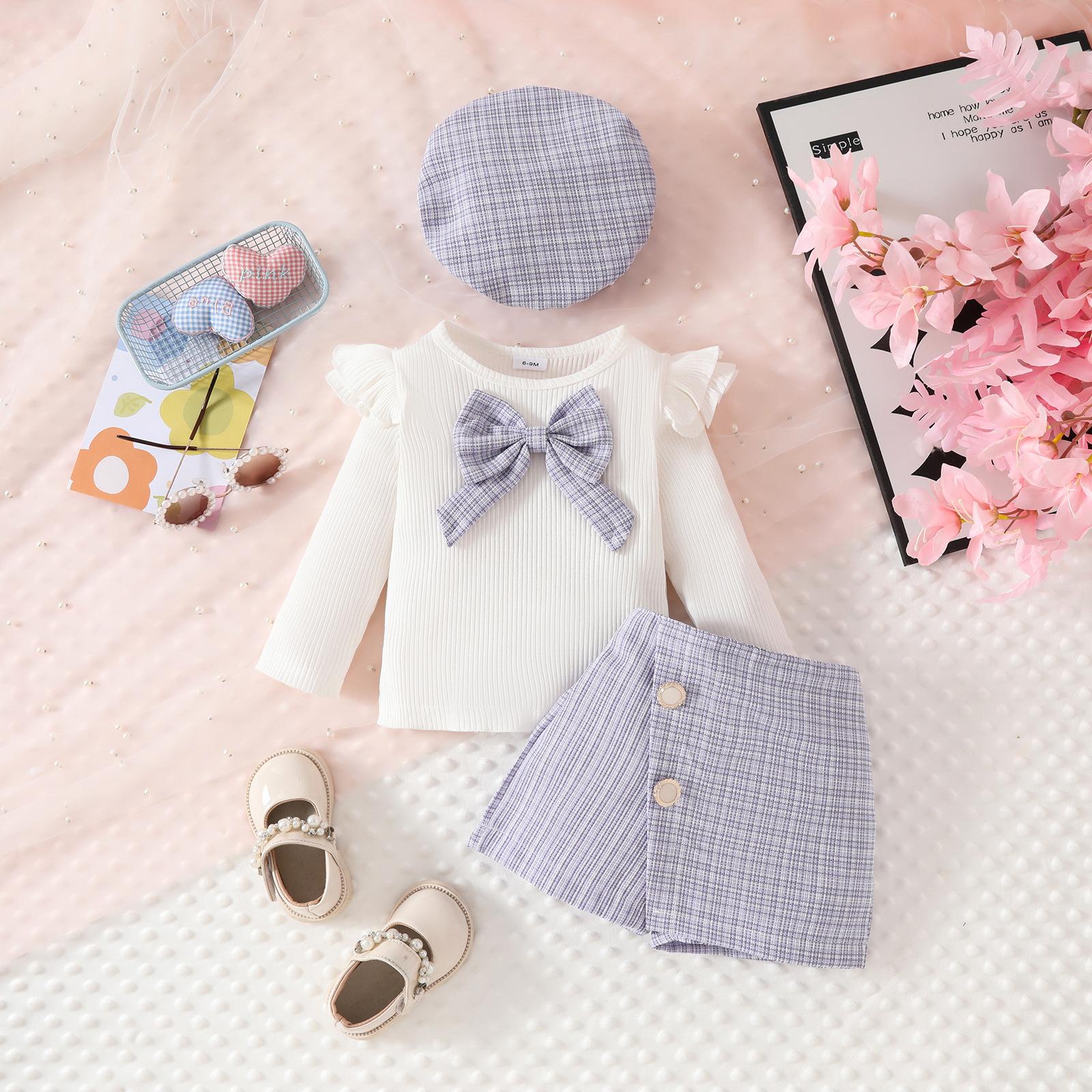 

Повседневный модный костюм для девочек, летний детский милый топ с рукавами-крылышками, галстук-бабочка + юбка на пуговицах + берет, комплект из трех предметов 3Y лаванды фиолетового