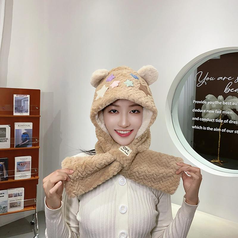 Cute bear star child scarf integrated autumn and winter warm and cold cycling plush hat woman