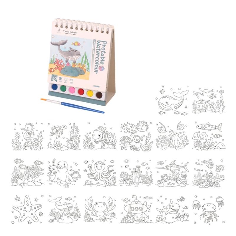 Kids Doodling Book with Watercolor Paint and Brush Twin Coil Binding Art Drawing Pad for Kid Beginner Outdoor Sketching
