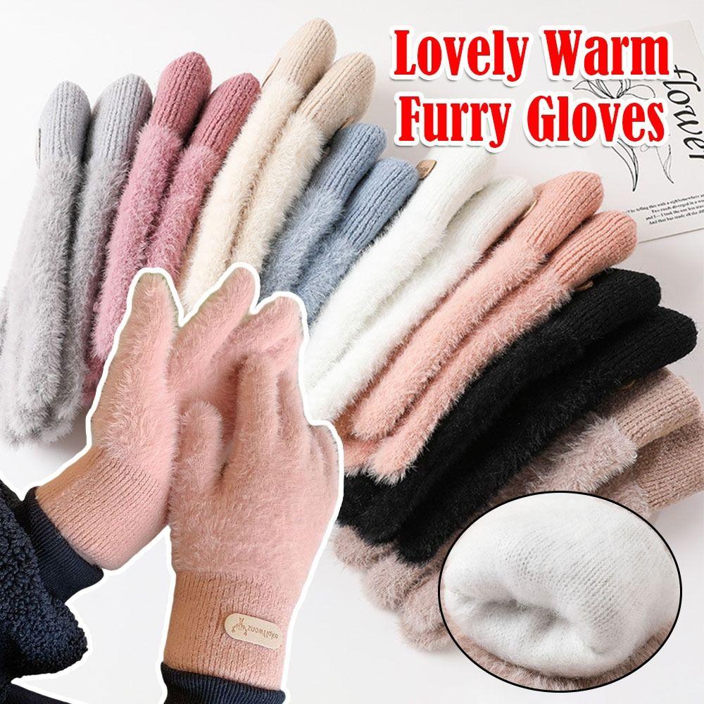 Fashion Thickened Furry Gloves Solid Color Cold-proof All Finger Mittens Warm Windproof Knitted Gloves Men Women