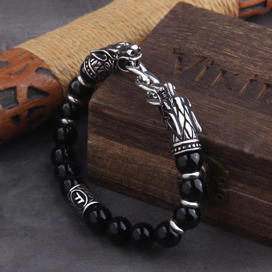 Goth Hiphop Dragon Head Men Bracelet Viking Rune Beads Cuff Wristband Couple Jewelry Fashion Accessories