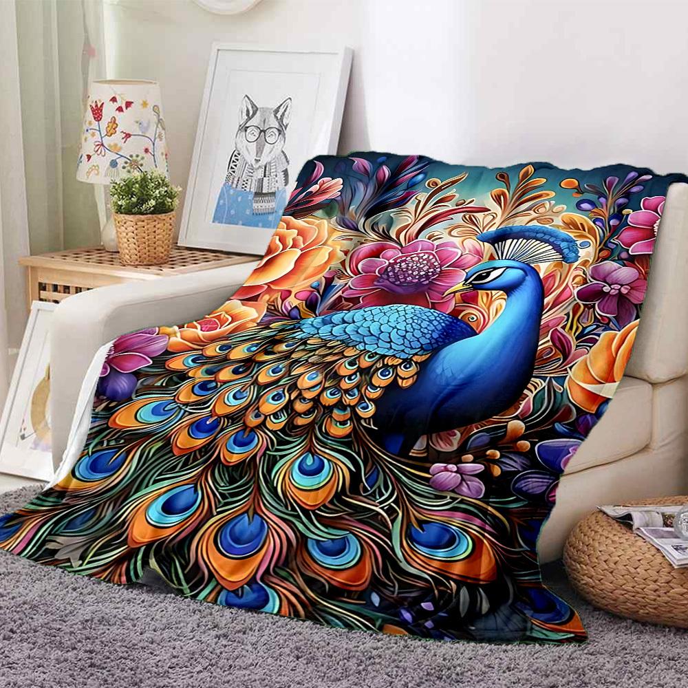 1pc Peacock Feather Print Blanket Lightweight Flannel Blanket Throw Blanket For Sofa, Bed, Travel, Camping, Livingroom, Couch, Chair, And Bed Yy250902