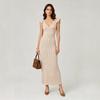 Womens V-Neck Knit Dress Hollow Out Ruffle Sleeve Slim Fit Elegant Long