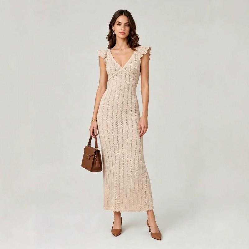 Womens V-Neck Knit Dress Hollow Out Ruffle Sleeve Slim Fit Elegant Long