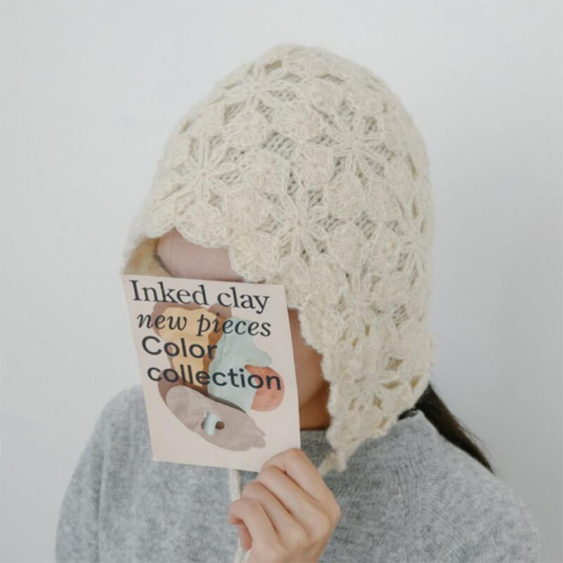 Women s Floral Knit Hooded Hat with Chin Strap Design black