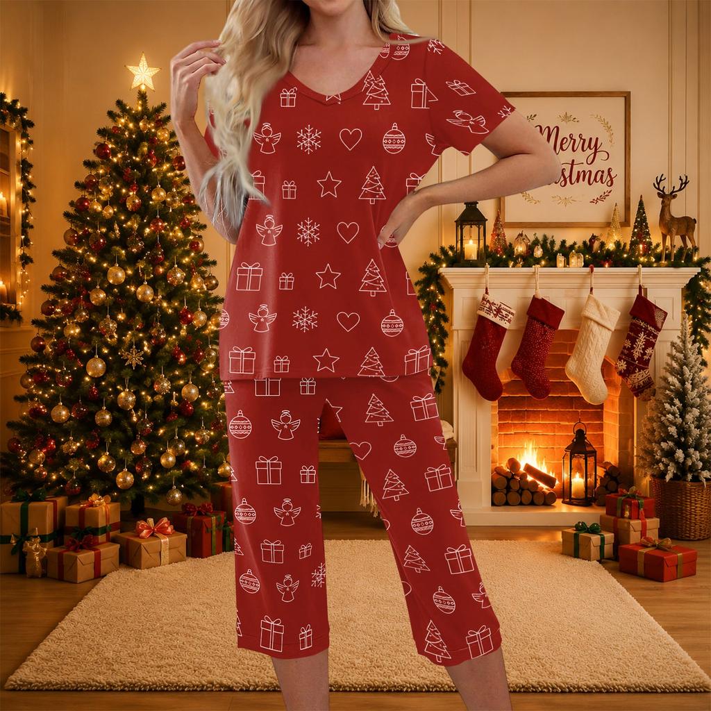 Women's Casual Christmas Print Two Piece Athletic Set Short Sleeve Top and Pants