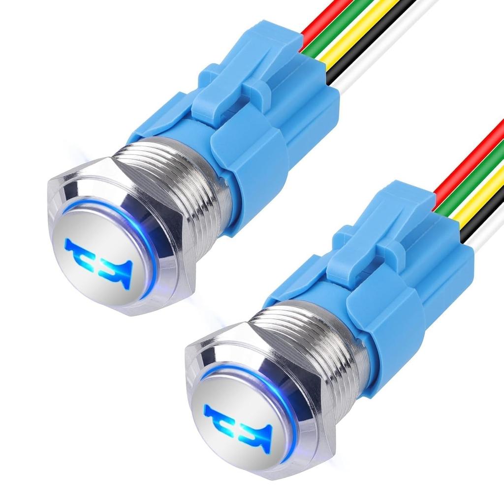 2Pcs Horn Button Switch, 16MM Momentary Push Button Switch LED Metal Horn Speaker for 12V Marine Boat Auto, Blue