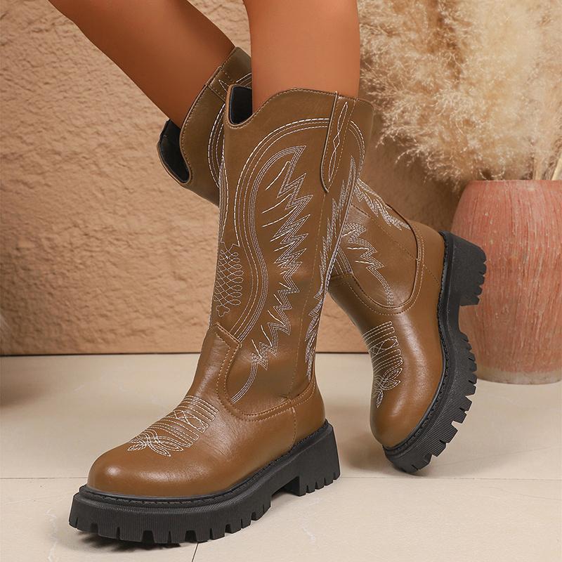 Fashion Brown Embroidery Platform Mid Calf Boots for Women Vintage Slip On Thick Sole Western Boots Woman Autumn Winter Pu Leather Botas