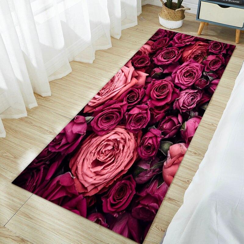 Non Slip Living Room Decorative Mat Rose Flower Washable Hallway Entry Area Rug for Bedroom Fluffy Carpet