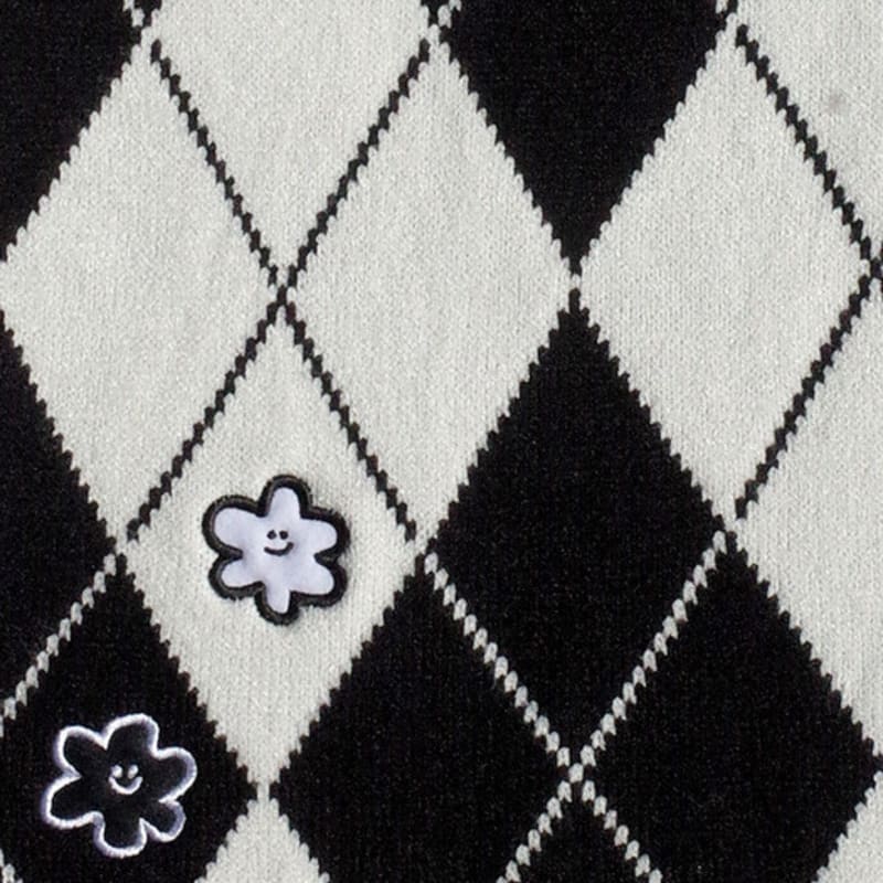 PIECEMAKER ARGYLE MONO DAISY KNIT MUFFLER (black)