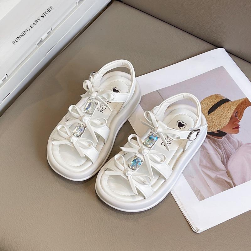 

Wedding Party Children s Summer Sandals New Girl Princess Shoes Elegant Chic Bow Kids Causal Flat Sandals Rhinestone I09056 23 бежевий
