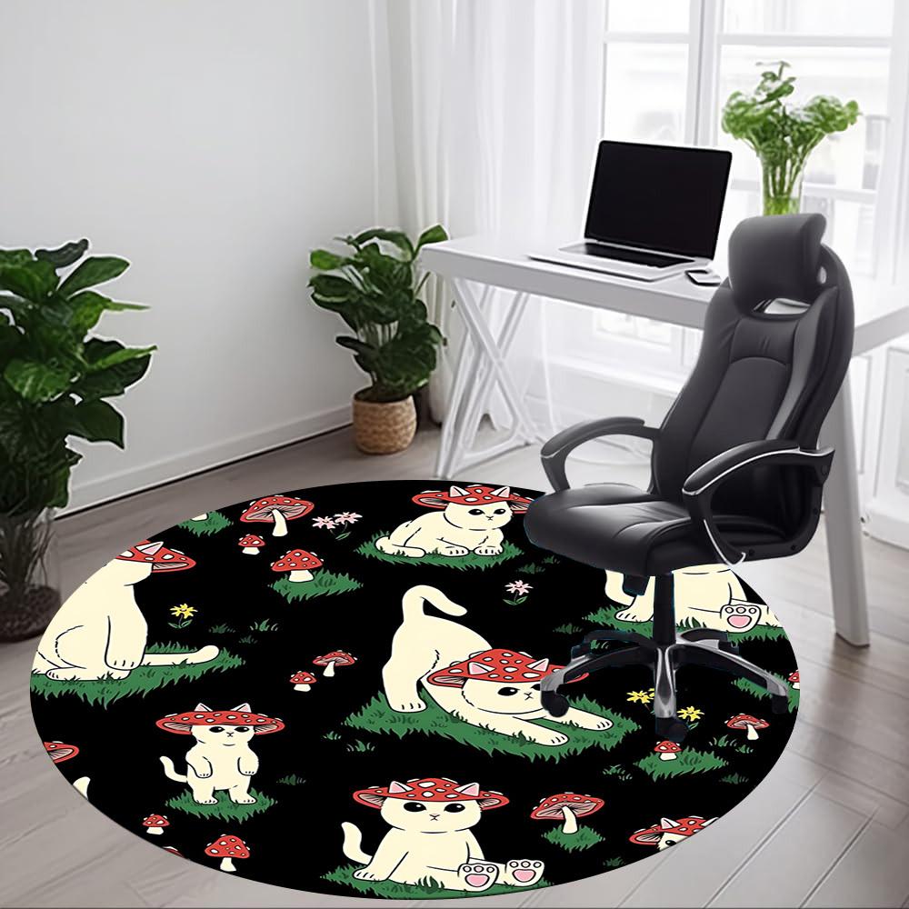 1pc Mushroom Cats Office Round Area Rug, Mat Suitable For Office, Under Office Chairs Bedroom Living Room Home Decor, Room Deco
