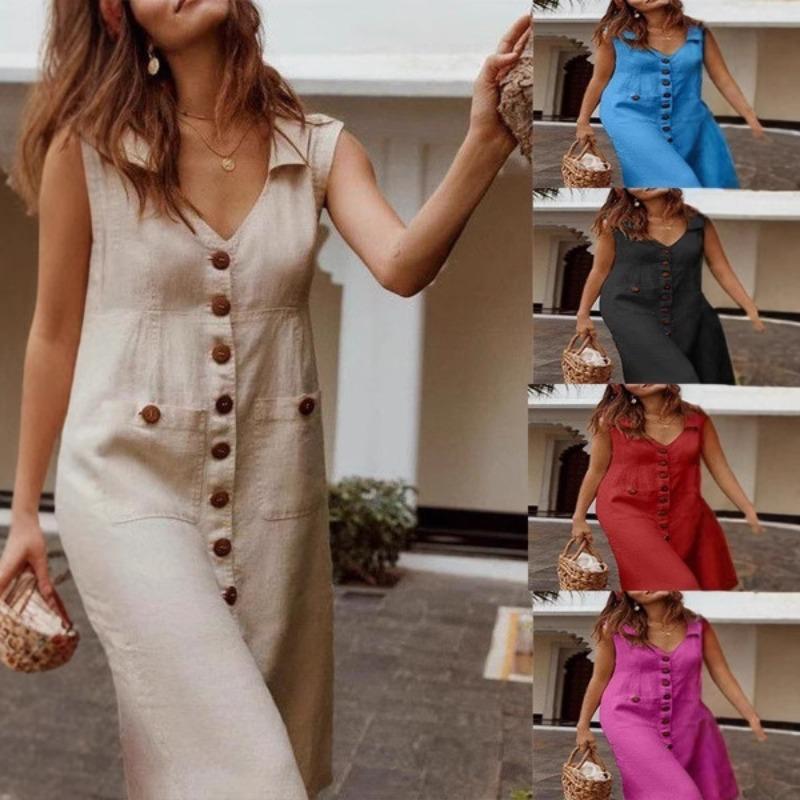 V-neck Single Breasted Nail Buckle Dress