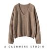 Korean Style Trendy V-Neck Cable Knit Cashmere Sweater for Women