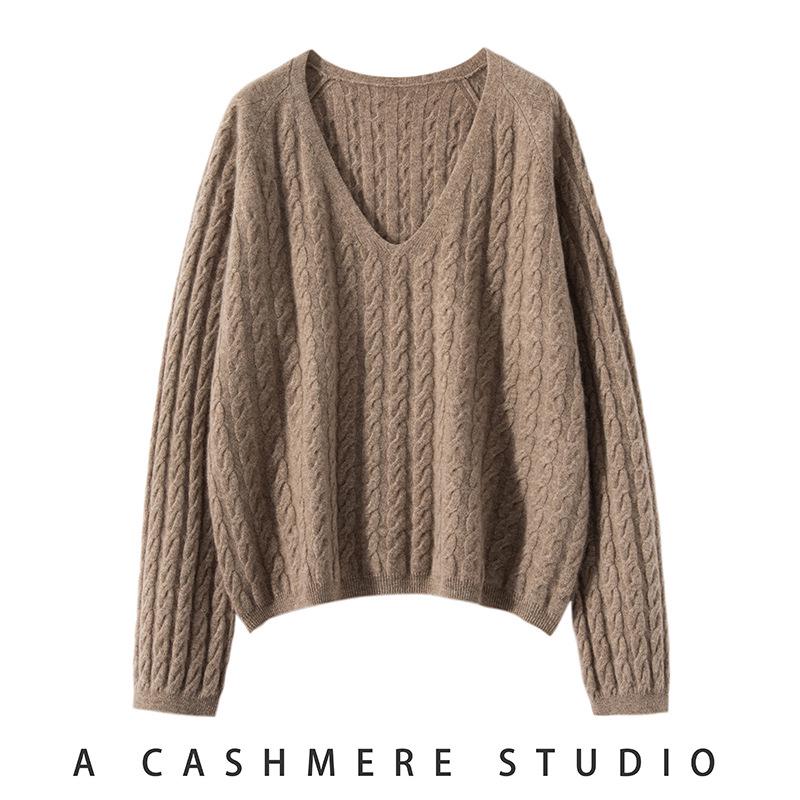 

Korean Style Trendy V-Neck Cable Knit Cashmere Sweater for Women One Size
