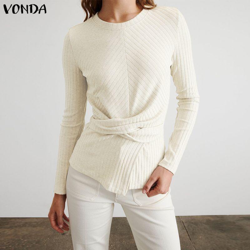 VONDA Women Casual Round Neck Long Sleeve Plain Front Cross Rib Blouse