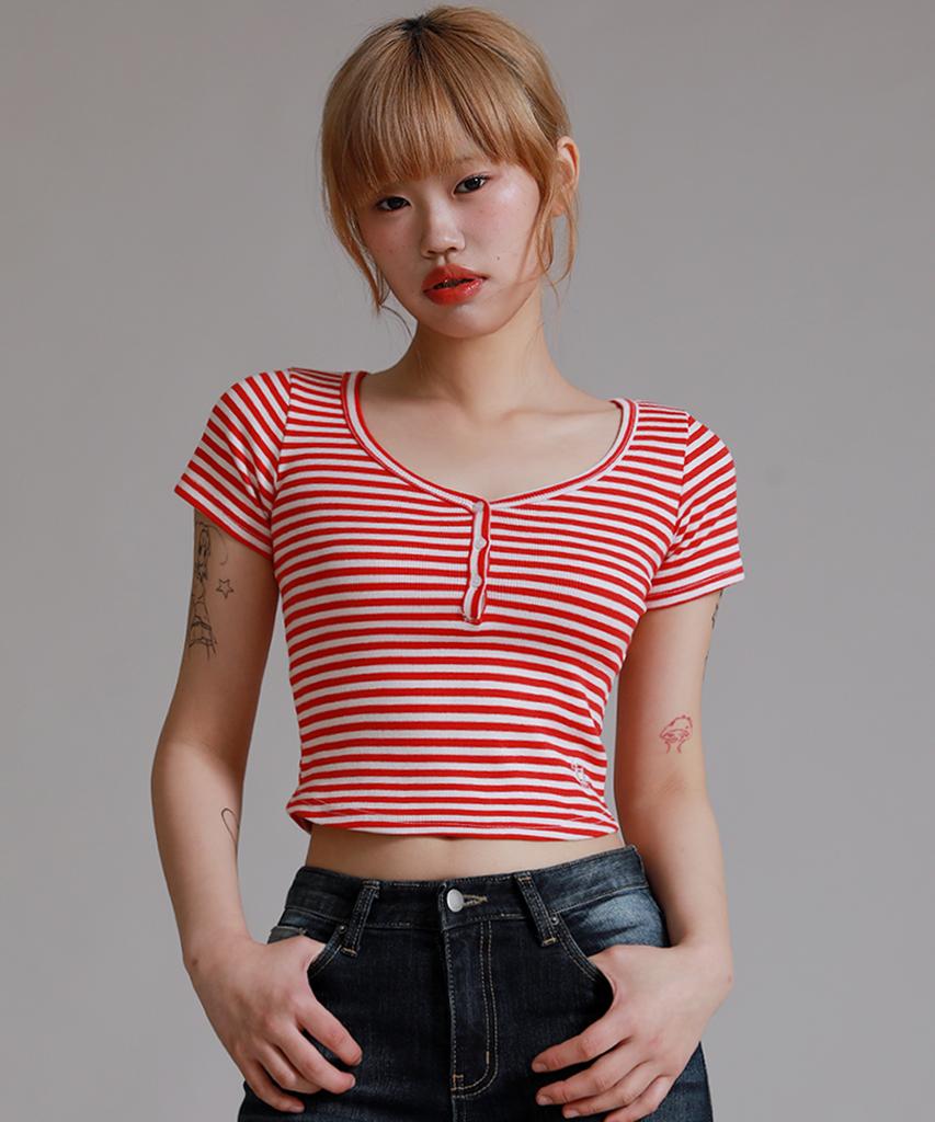 LIKE THE MOST Striped Henley Neck Half T-Shirt_Red