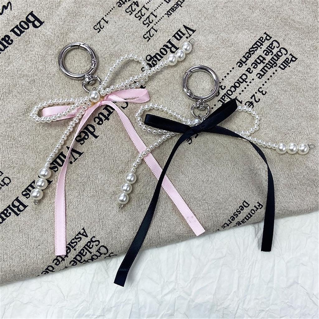 Cute Pearl Ribbon Bowknot Keychain Pendant Keyring Charm Lovely Hanging Decorations for Purse Bag Backpack Handbag