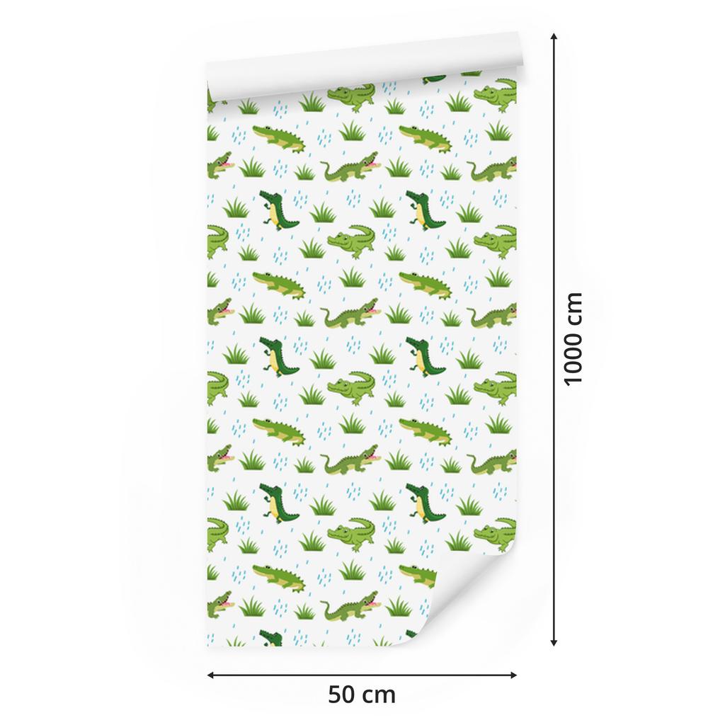 Crocodile wallpaper white, lime, light gray and green 50x1000