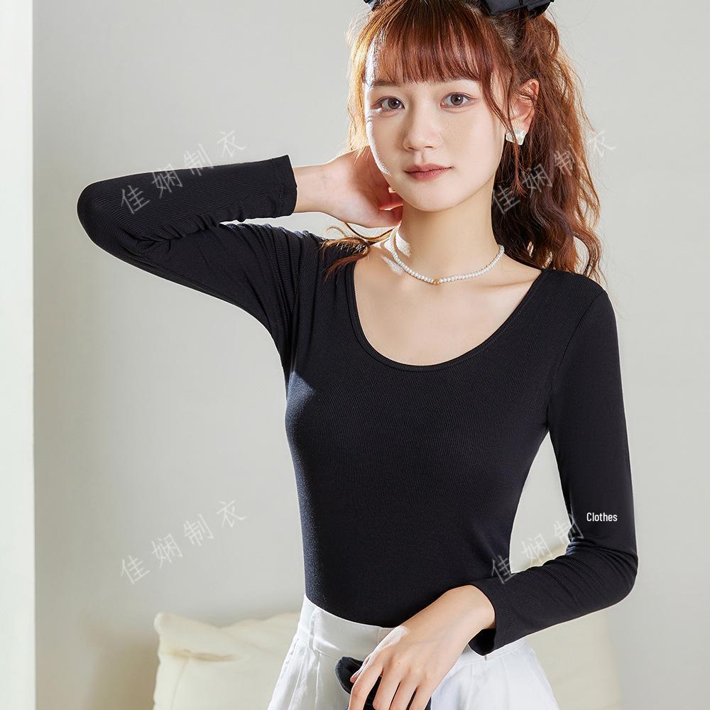 Versatile Autumn Modal Base Layer Shirt with Chest Pads, Slimming Long-Sleeve Round Neck, Wear Alone or as Inner Layer.