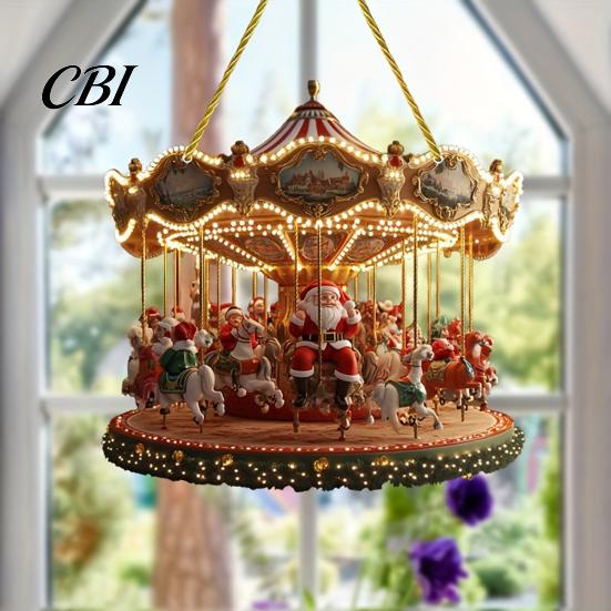 Decorative Lanyard Christmas Pendants Santa Claus Carousel/Snow Cottage Hanging Ornament, Double-Sided Customizable Holiday Party Favors Acrylic
