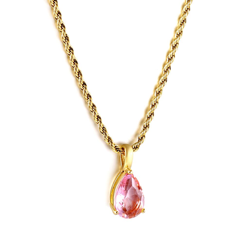 New Fashion 1 Piece 316L Pink Teardrop Crystal Pendant Necklace 40+5cm Golden Hemp Rope Chain Female Sweet Romantic Jewellery