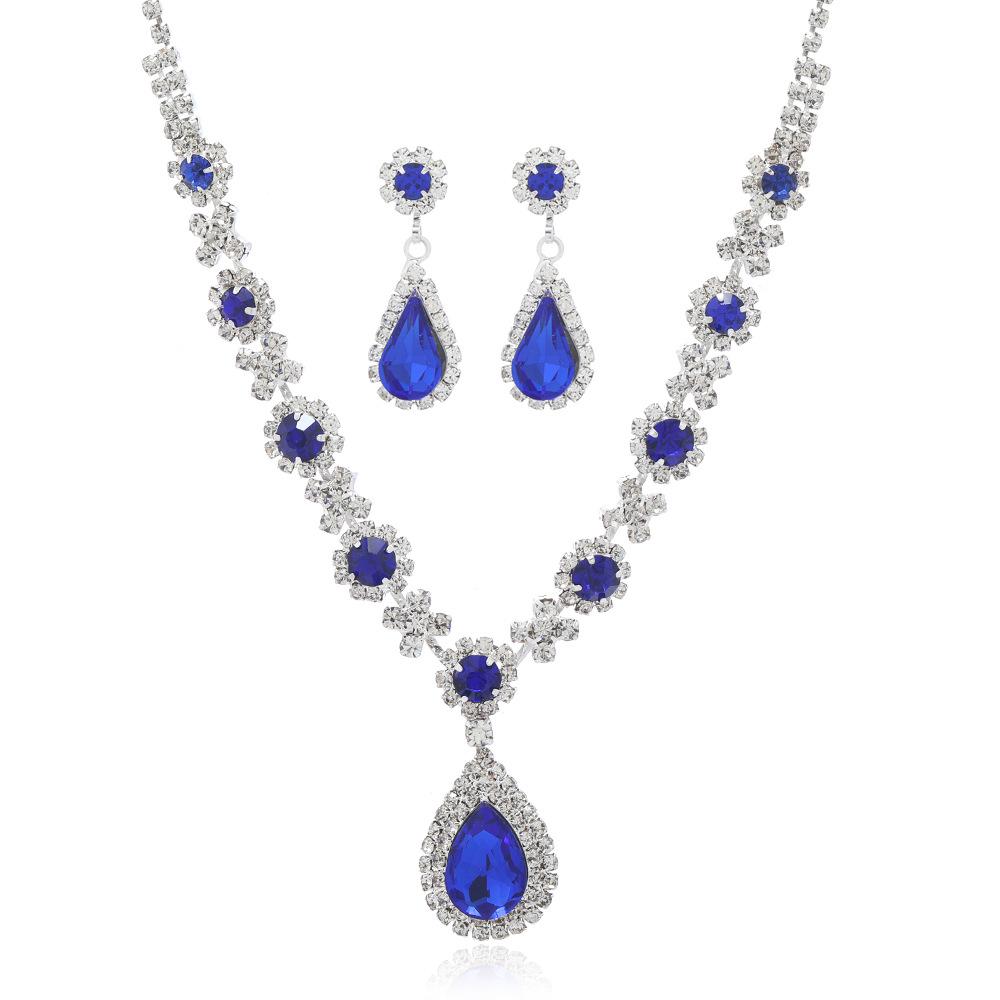 European and American Crystal Blue-Green Teardrop Necklace and Earring Set