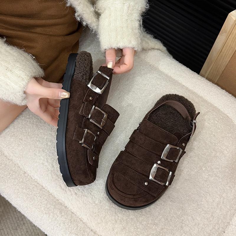 Autumn 2025 New Metal Buckle Big Head Lamb Wool Shoes Baotou Platform Slip-proof Semi-drag