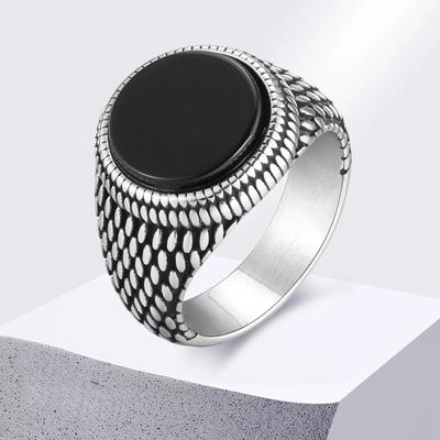Men's Stamp Ring, Retro Round Gemstone Ring Vintage Stainless Steel Scales Hip Hop Ring Band Finger Jewelry, Signet Ring