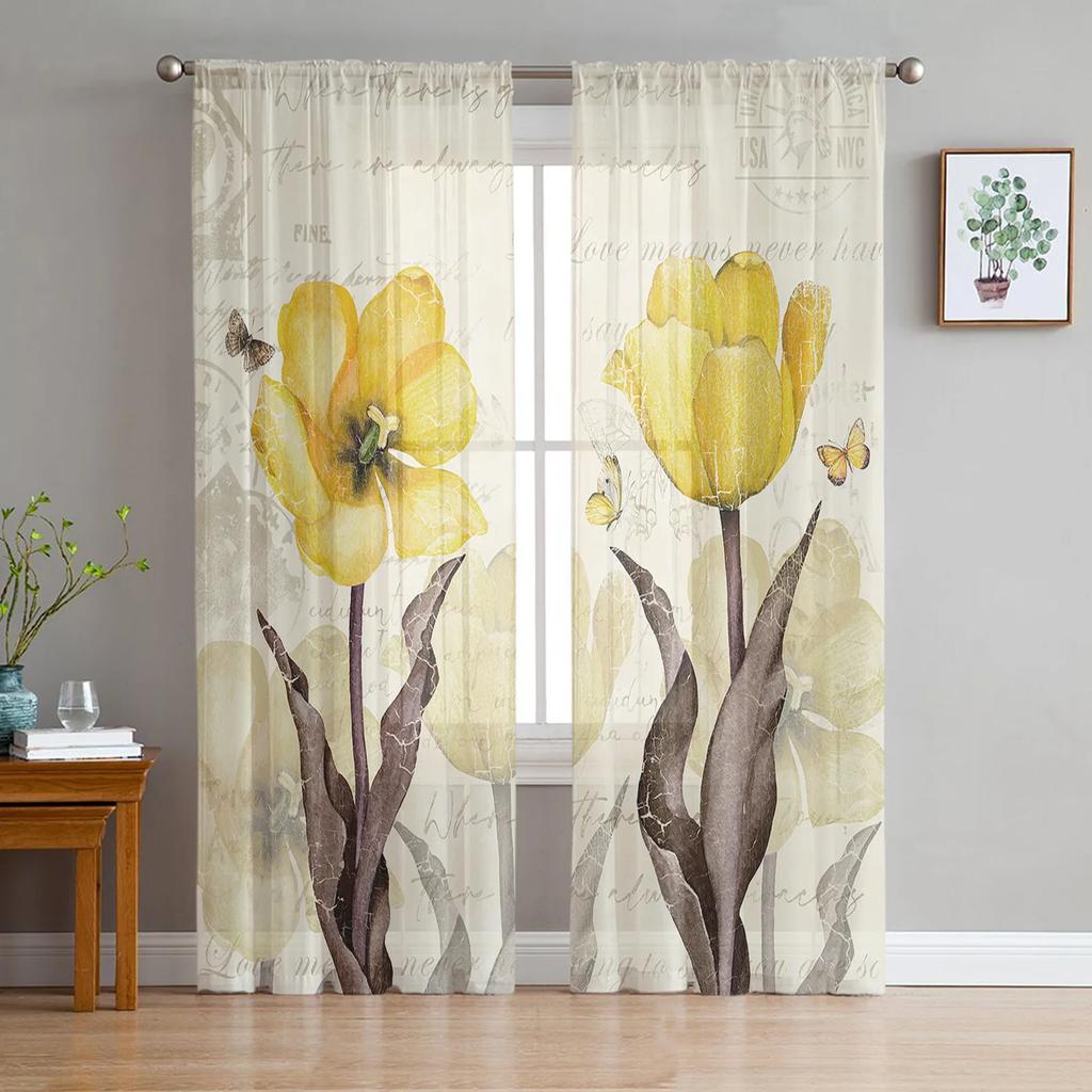 Rustic Vintage Tulip Flower Bird Sheer Curtains for Living Room Decoration Window Curtain Kitchen Tulle Voile Organza Drapes